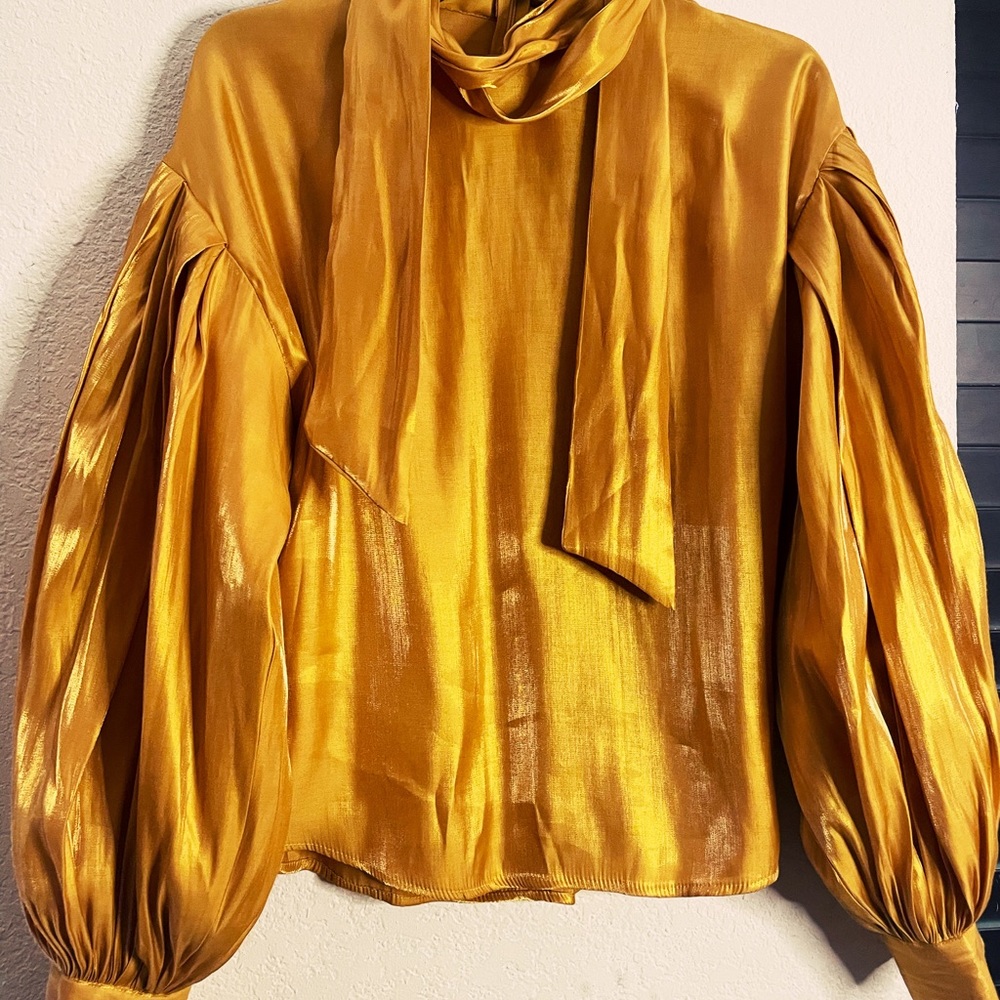INA GOLDEN METALLIC TIE NECK BLOUSE- Size Medium